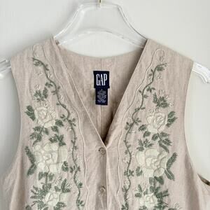 GAP Cottagecore Vest Linen Embroidered Vintage Khaki Cream Green Floral Sz Small